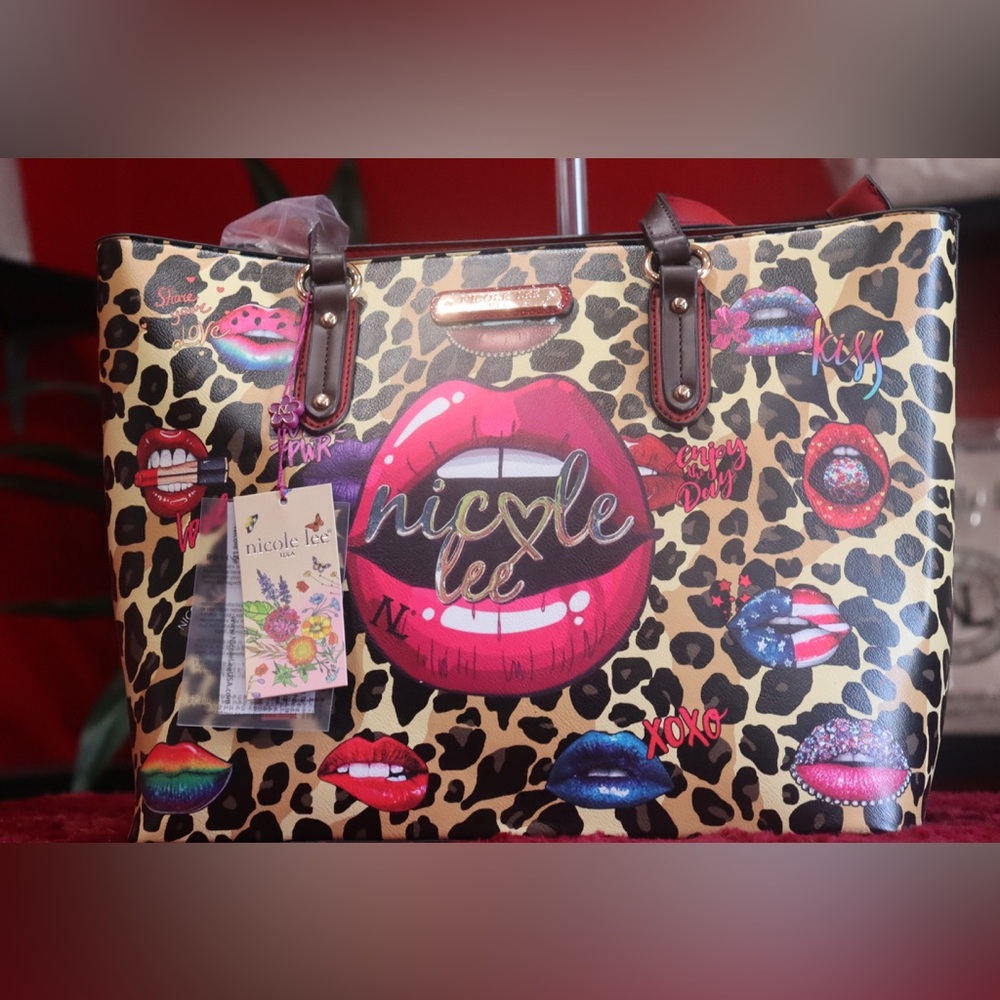 Nicole Lee Red and Brown Tote Bag with Animal Print